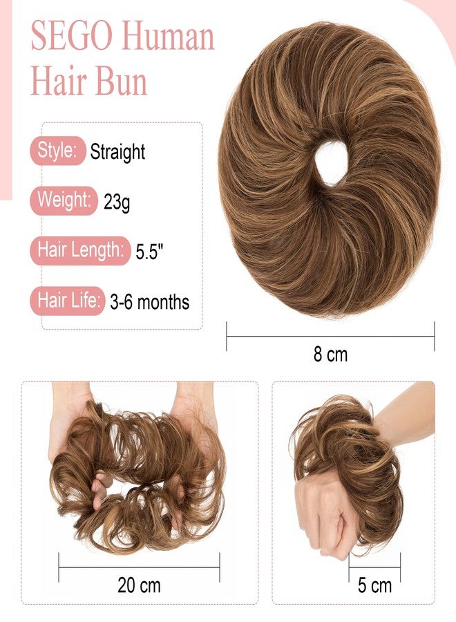 سيجو وصلات شعر سيجو من شعر بشري طبيعي، بتصميم كعكة فوضوية، مع ربطات شعر حقيقية، وشعر مموج، ومجعد، وفوضوي، على شكل كعكة دوناتون، وذيل حصان للنساء والفتيات - قطعتان #4P27 بني متوسط وأشقر داكن - Image 3